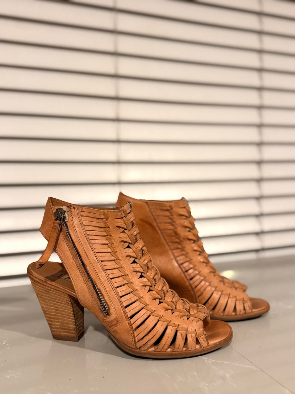 Women’s Tan Woven Leather Block Heel Sandals